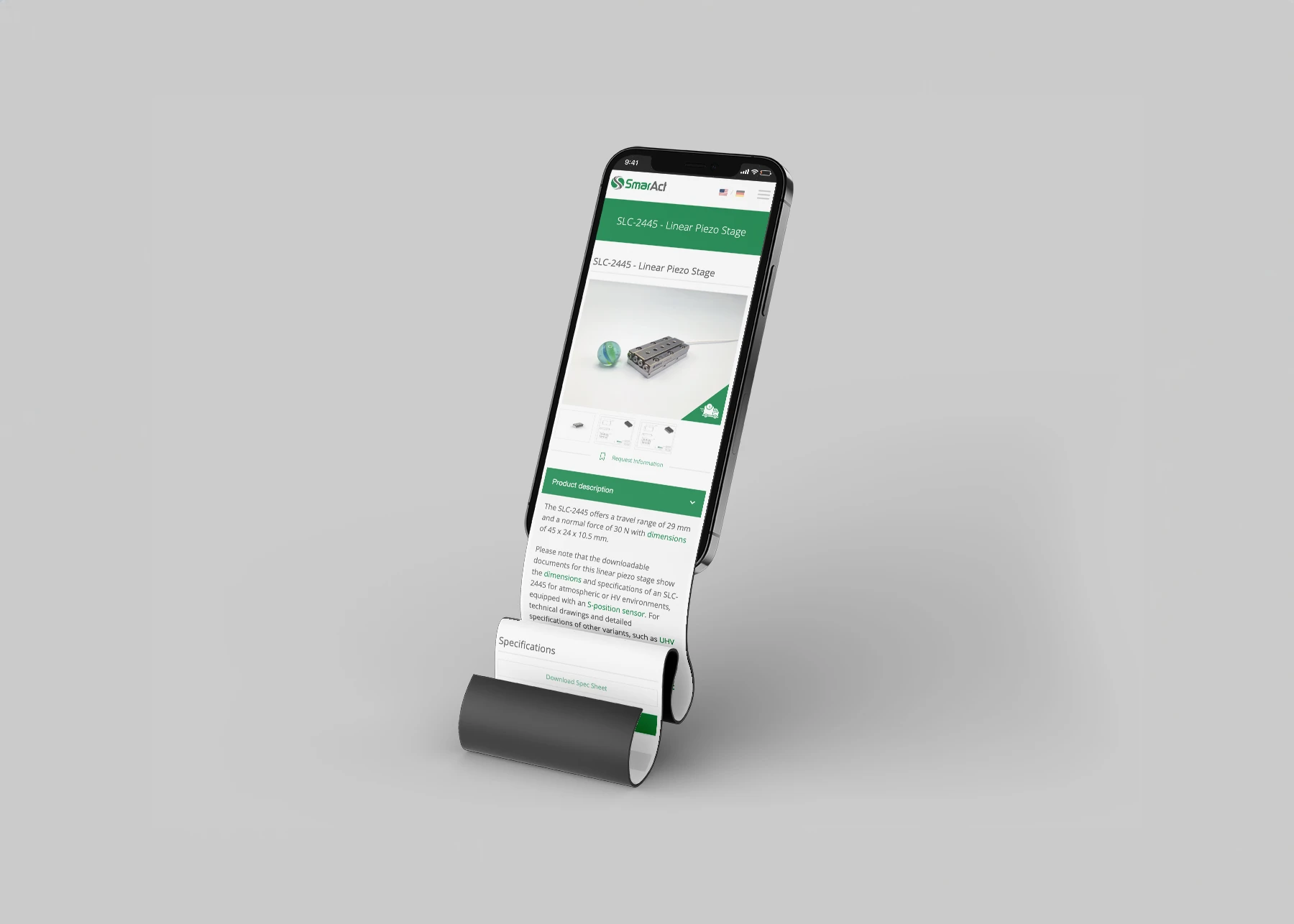 Vorschaubild der Produktseite von SmarAct in der mobilen Version